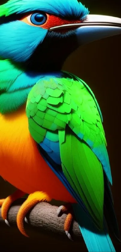 Vibrant green, blue, and orange bird art wallpaper.