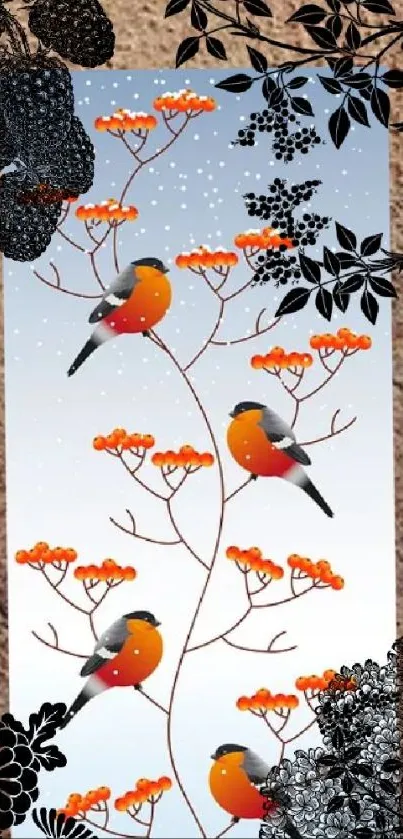 Orange and black birds on a nature-themed artistic wallpaper.