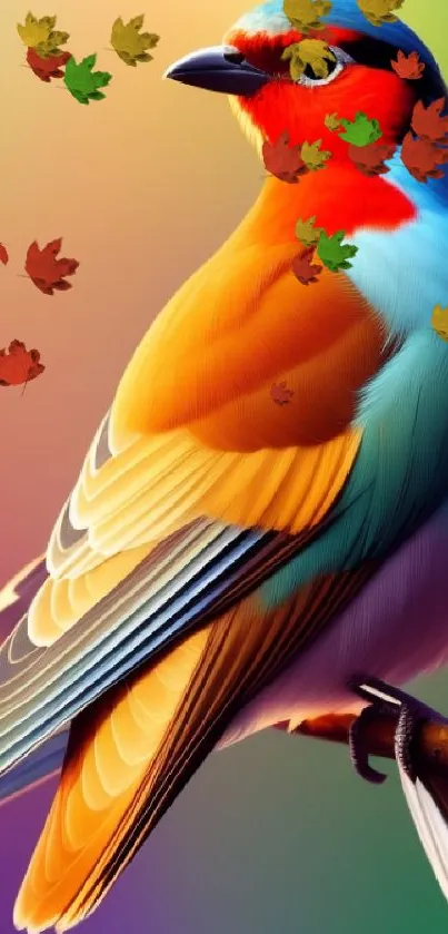 Vibrant bird with orange and blue hues perched on a gradient background.