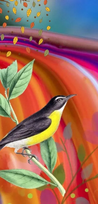 Vibrant art wallpaper featuring a colorful bird and leaves.