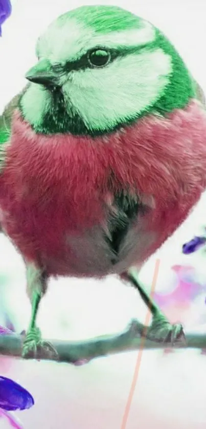 Vibrant bird sitting on a branch with colorful flowers.