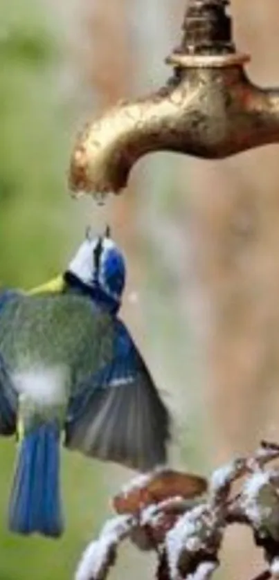 Colorful bird perched on water tap with green backdrop.