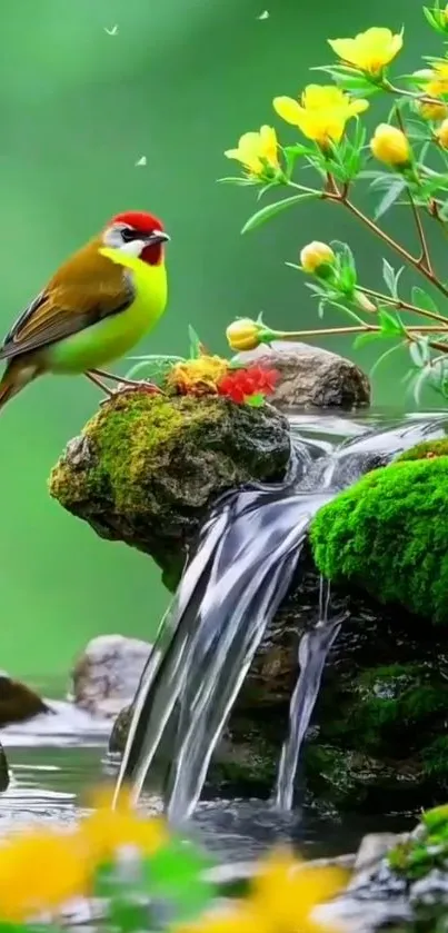 Colorful bird on mossy rock by waterfall with yellow flowers.