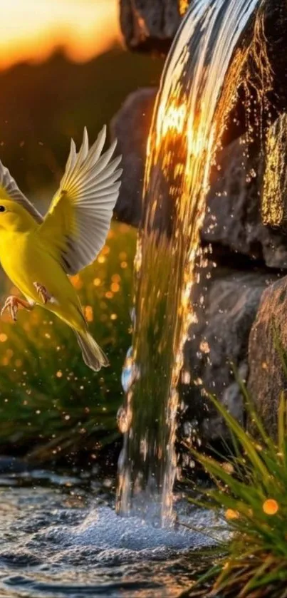 Yellow bird soaring beside a waterfall with vibrant orange light.