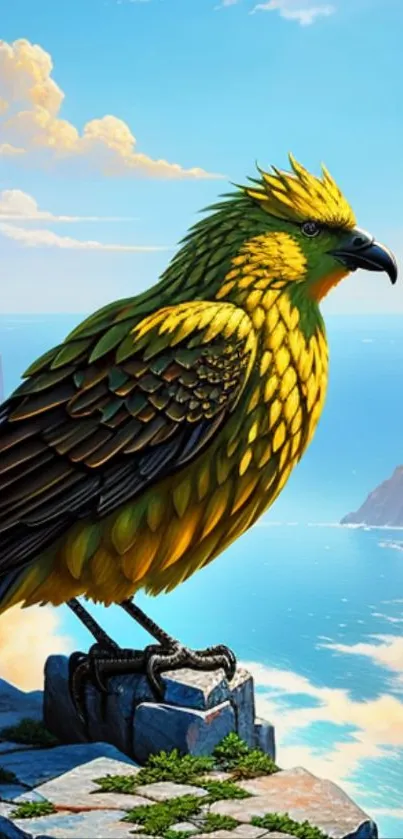 Vibrant yellow and green bird on cliff with ocean view.