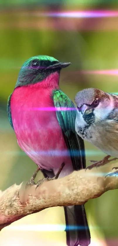 Two colorful birds perched on a branch with vibrant background.