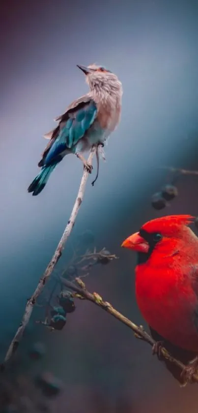 Vibrant red cardinal and blue jay perched on branches, colorful nature wallpaper.