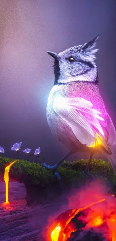 Enchanting fantasy art of a vibrant bird with glowing elements in a surreal landscape.