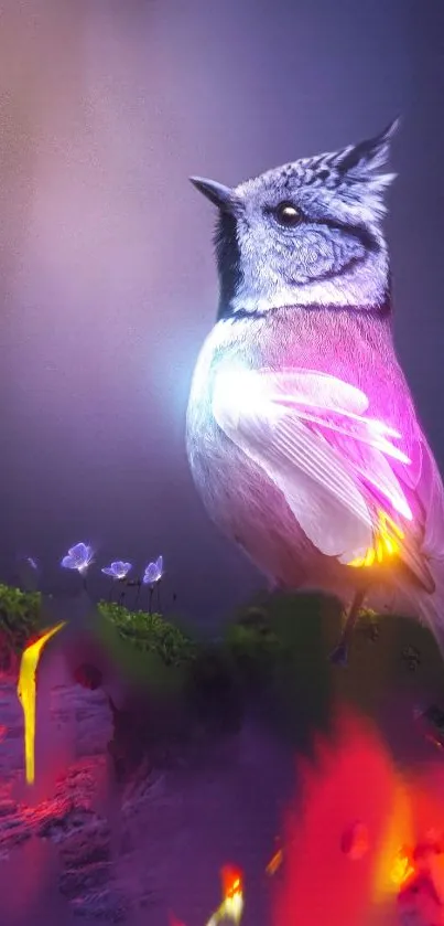 Vibrant fantasy bird sitting in colorful digital landscape.