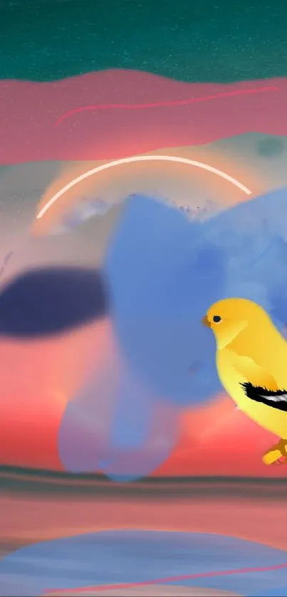 Vibrant artwork of a yellow bird against a surreal sunset.