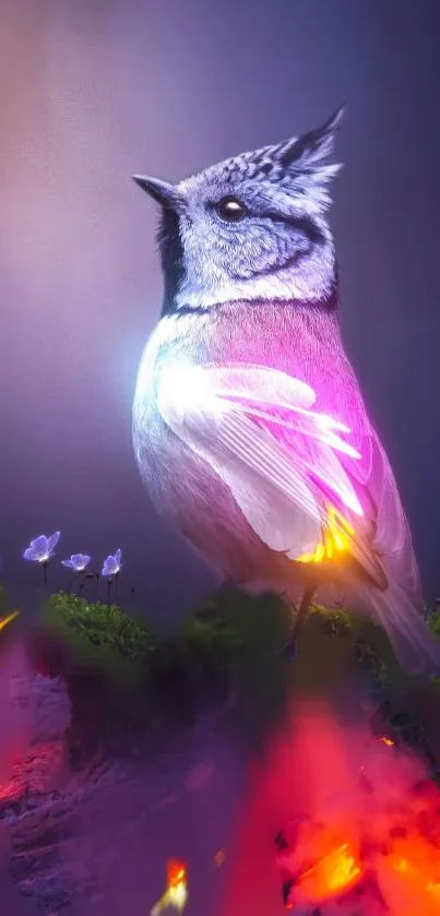 Fantasy bird emitting colorful glow in vibrant landscape.