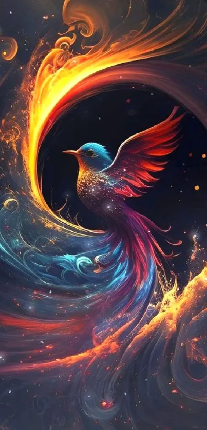 Colorful fantasy bird swirling in vibrant hues of fiery orange and cool blue.