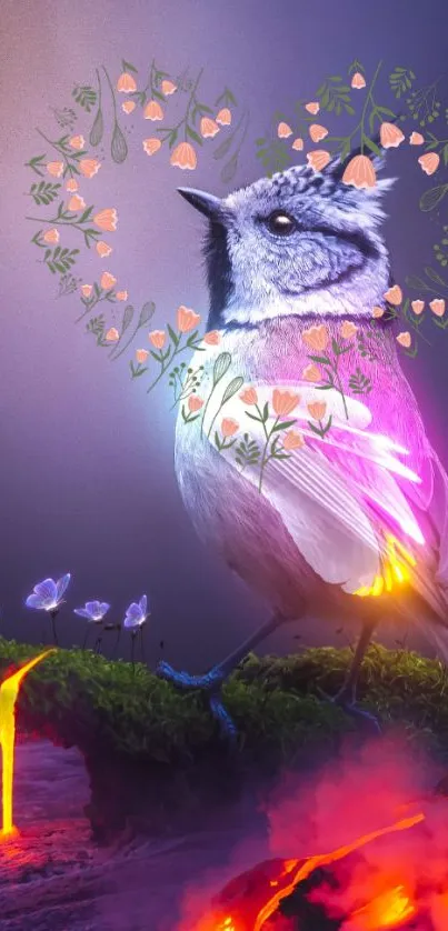 Vibrant fantasy bird with magical elements and colorful background.