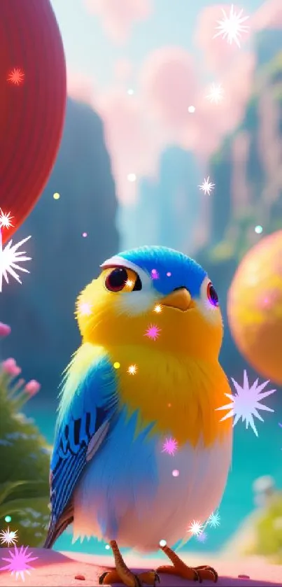 Colorful fantasy bird amid vivid nature scene.