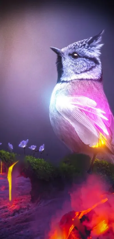 Mystical bird with vibrant colors in a neon fantasy landscape.