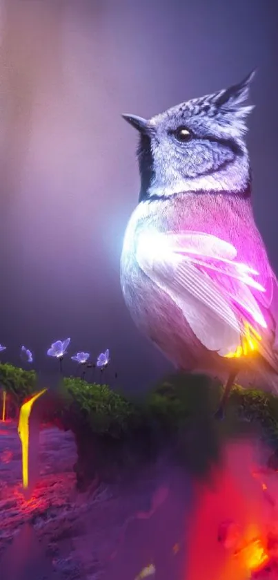 Fantasy bird with glowing colors in a mystical landscape.