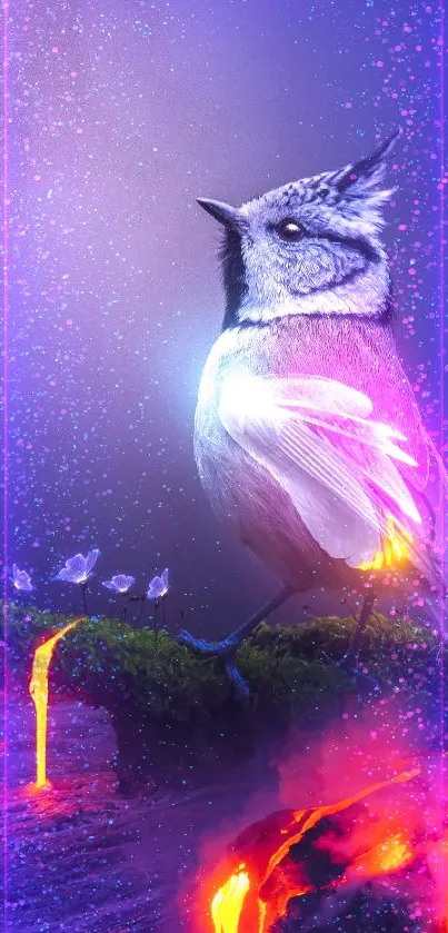 Fantasy bird on glowing moss with vibrant colors.