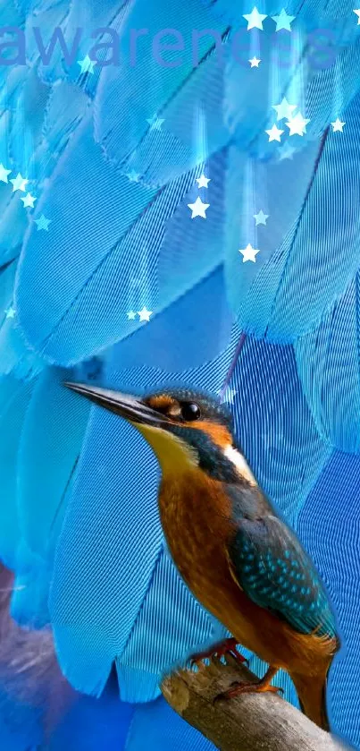 Kingfisher with blue feather background and star accents.