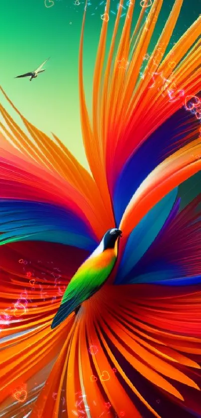 Vibrant bird with colorful feathers in dynamic flight, set against an orange backdrop.