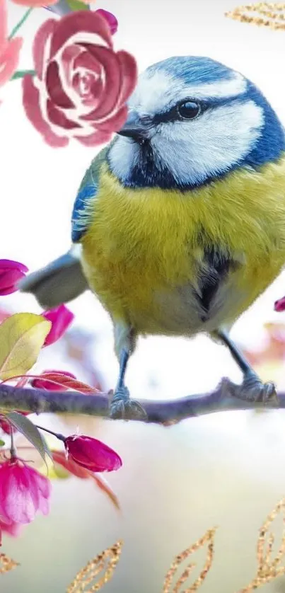 Vibrant bird perched among blooming flowers.