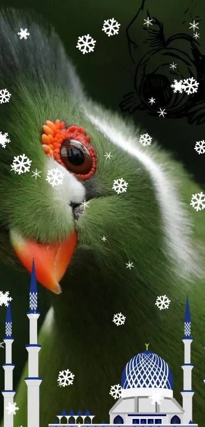 A vibrant green bird with striking plumage on a dark background.
