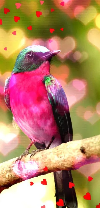 Colorful bird with heart-filled background.