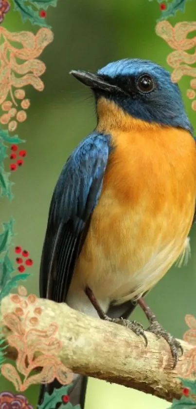 Vibrant holiday bird perched on branch with green leaves.