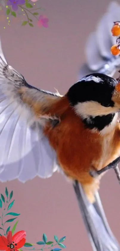 Vibrant bird in flight with orange plumage and decorative elements.