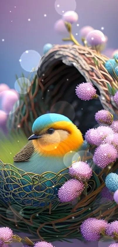 A colorful bird sits in a whimsical nest surrounded by pink and blue flowers.