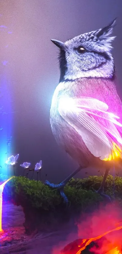 Neon bird perched in glowing fantasy landscape with vibrant colors.