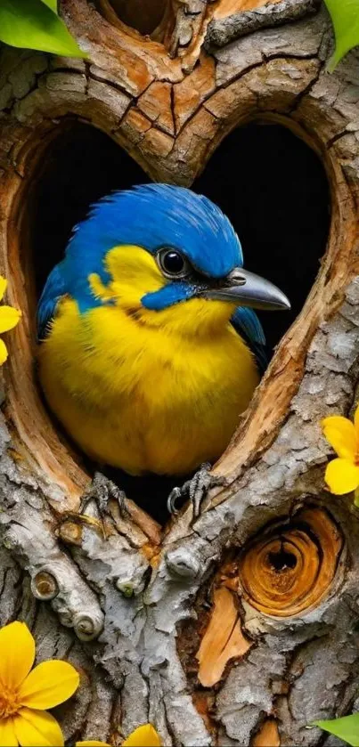 Colorful blue and yellow bird in heart-shaped tree hollow.