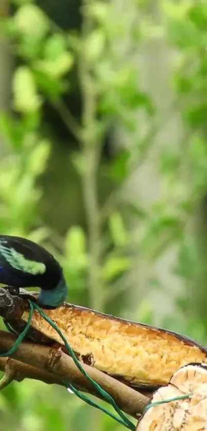 Vibrant bird perched on a branch in a lush green forest setting.