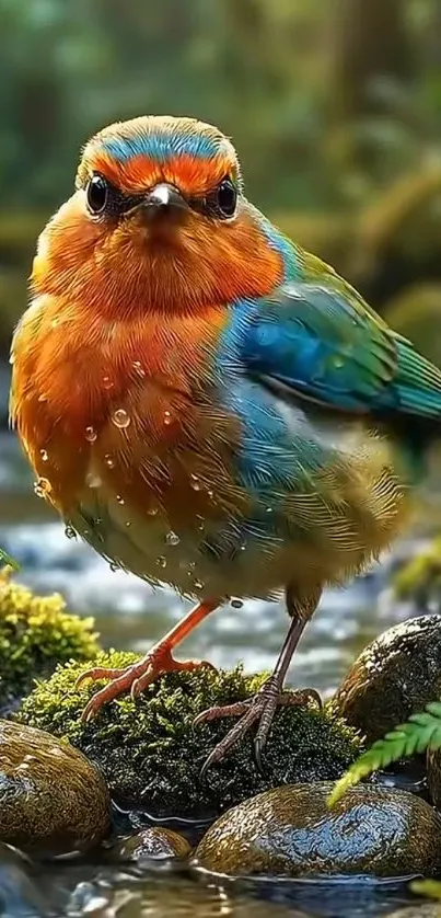A vibrantly colored bird perched in a lush, green forest setting.