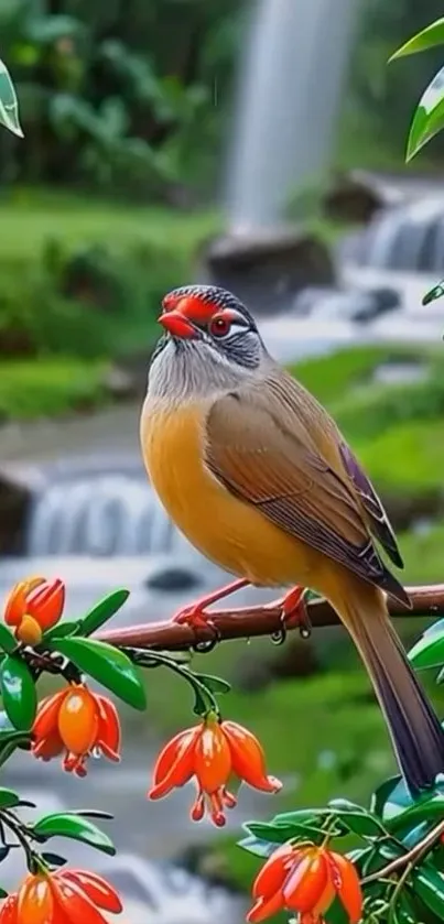 Vibrant bird perched with flowers and greenery.