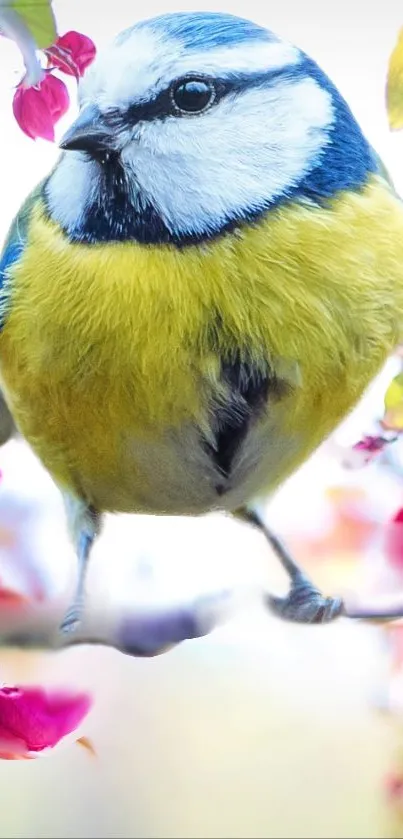 A vibrant bird perched among spring blossoms, showcasing vivid colors.