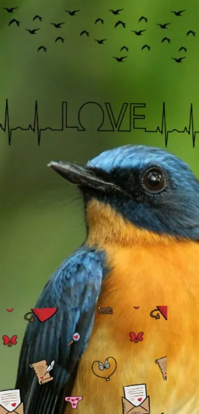 Close-up of a vibrant blue and orange bird with love-themed icons.