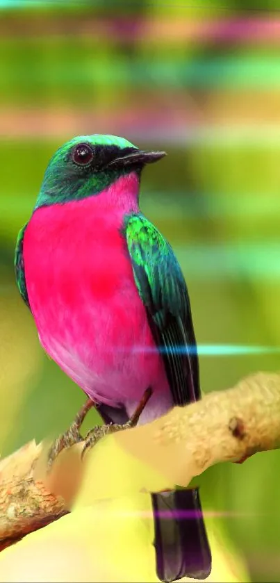 Vibrant pink and green bird perched on a branch in a colorful nature setting.