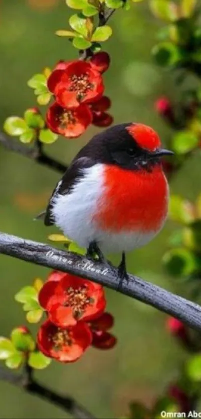 Colorful bird and red flowers on a vibrant green background.