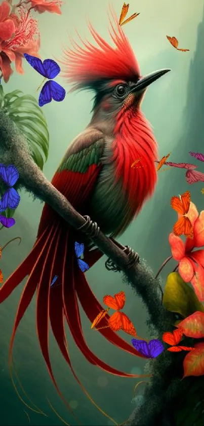 A vibrant bird with red feathers in a lush green setting, perfect for nature lovers.