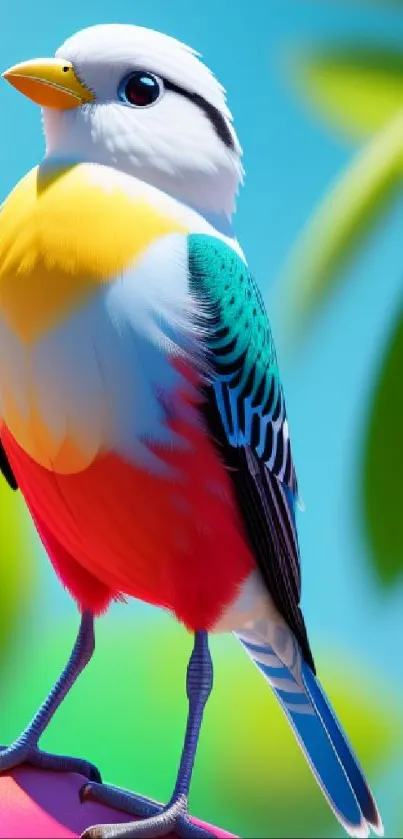 Vibrant bird perched on a pink surface with blue sky and green leaves.