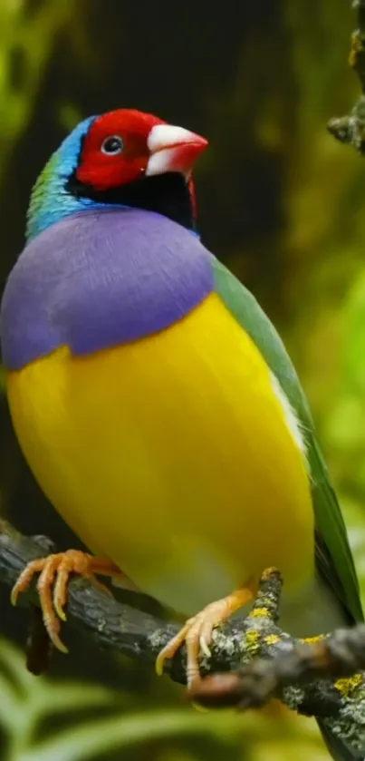 Colorful bird perched on a branch with lush green background.