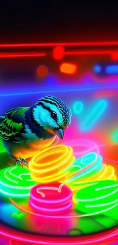 Vibrant neon bird with glowing hoops on a colorful backdrop.