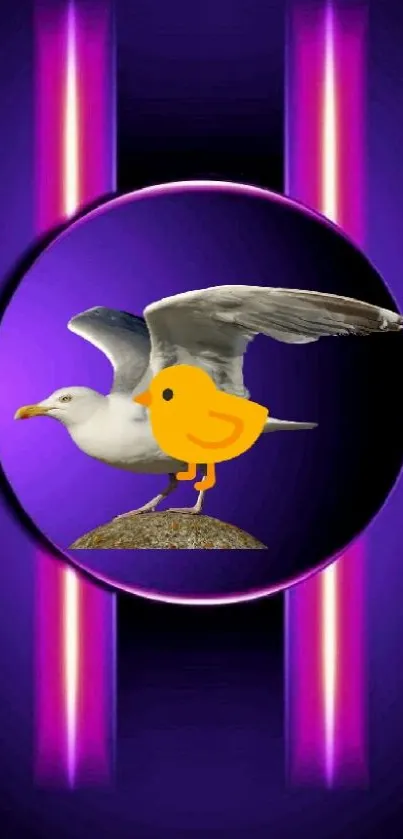 Vibrant neon artwork featuring a seagull and chick on purple background.