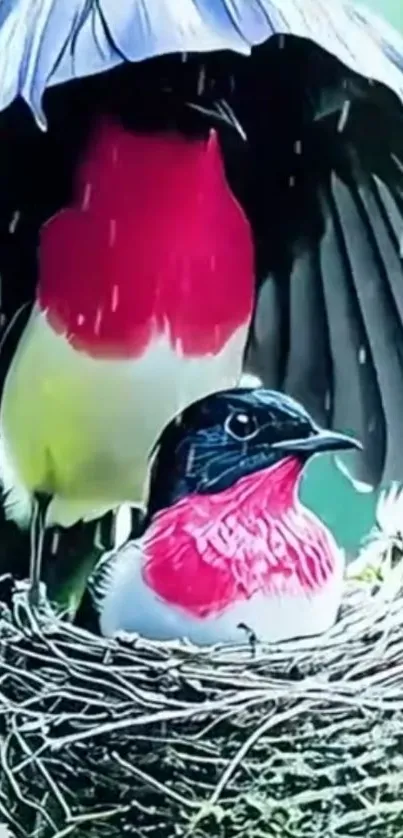 Birds perched in a vibrant nest.
