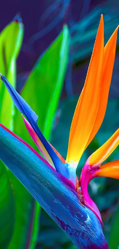 Vibrant Bird of Paradise flower with green leaves.