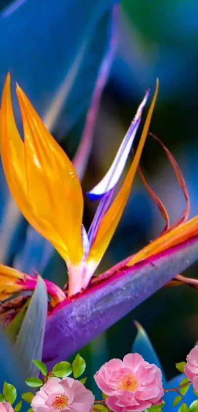 Vibrant Bird of Paradise Flower with Blue Background