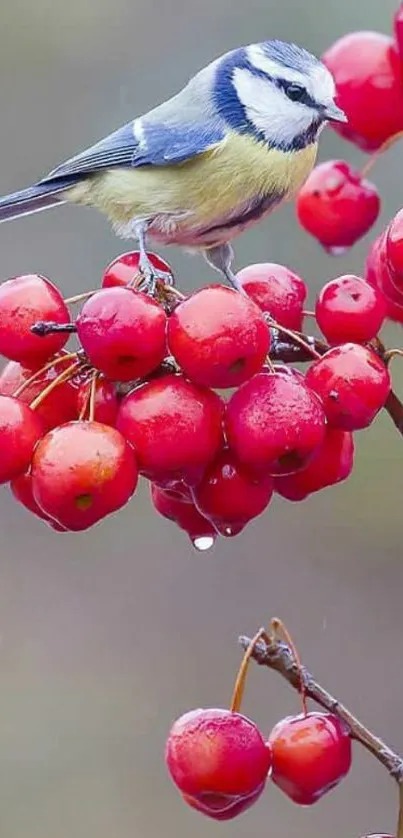 Colorful bird perched on red berries.