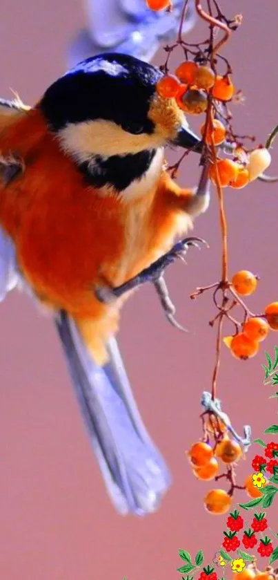 Vibrant bird perched on a berry-filled branch, perfect for a colorful phone wallpaper.