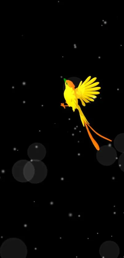 Bright yellow bird flying on a black background.