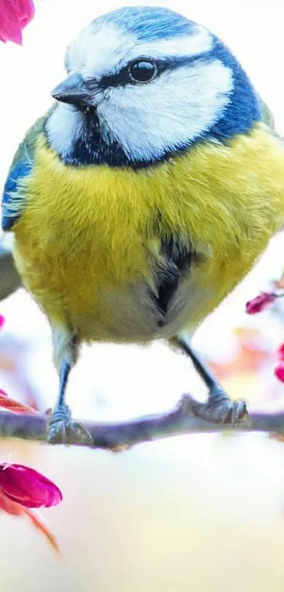 A vibrant blue and yellow bird perched among pink blossoms.